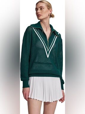 Varley Savannah Knit Pullover Green White Stripe Half Zip Sweater XS
